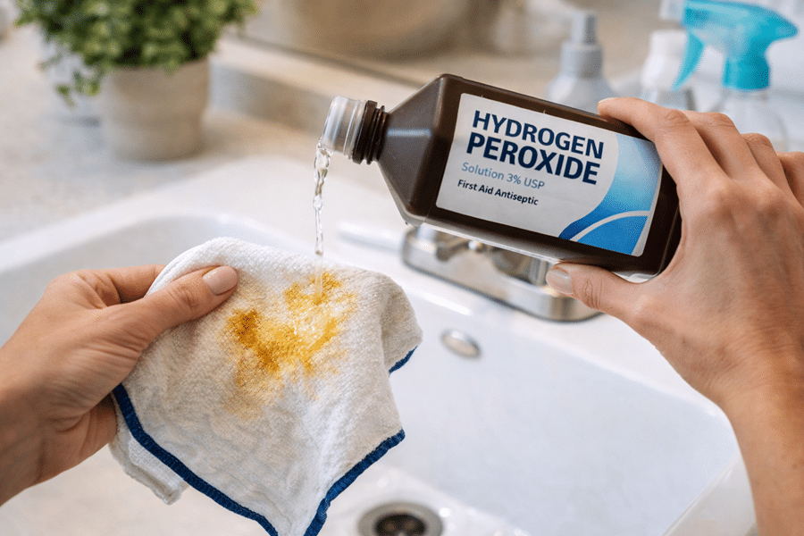 Hands pour hydrogen peroxide from a bottle onto a stained cloth over a kitchen sink.