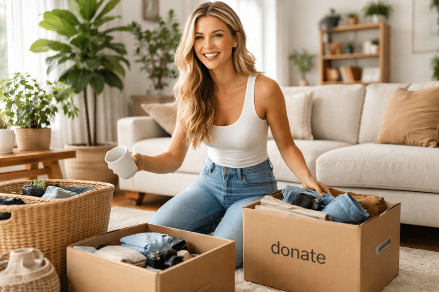 Woman sits on a living room floor, packing clothing into a labeled 'donate' box for charity donation.