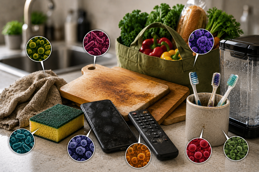 Kitchen counter with a cutting board, sponge, phone, remote, and a tote bag of vegetables; magnified bacteria appear on several items.