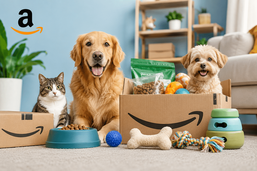 Cat and two dogs sit among Amazon boxes with pet treats and toys scattered on the floor, logo visible in the scene, indoors.