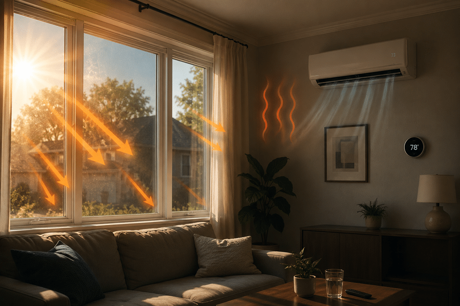Sunlit living room with large windows, orange arrows illustrate heat from the sun entering the room while cool air comes from the wall-mounted AC.
