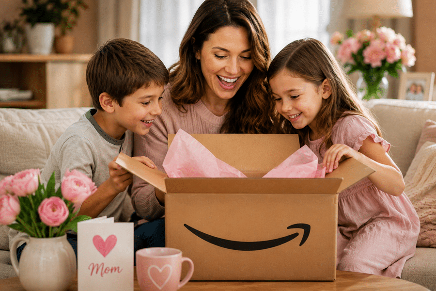 Mother and two children excitedly open a large Amazon gift box with pink tissue at a cozy living room table.