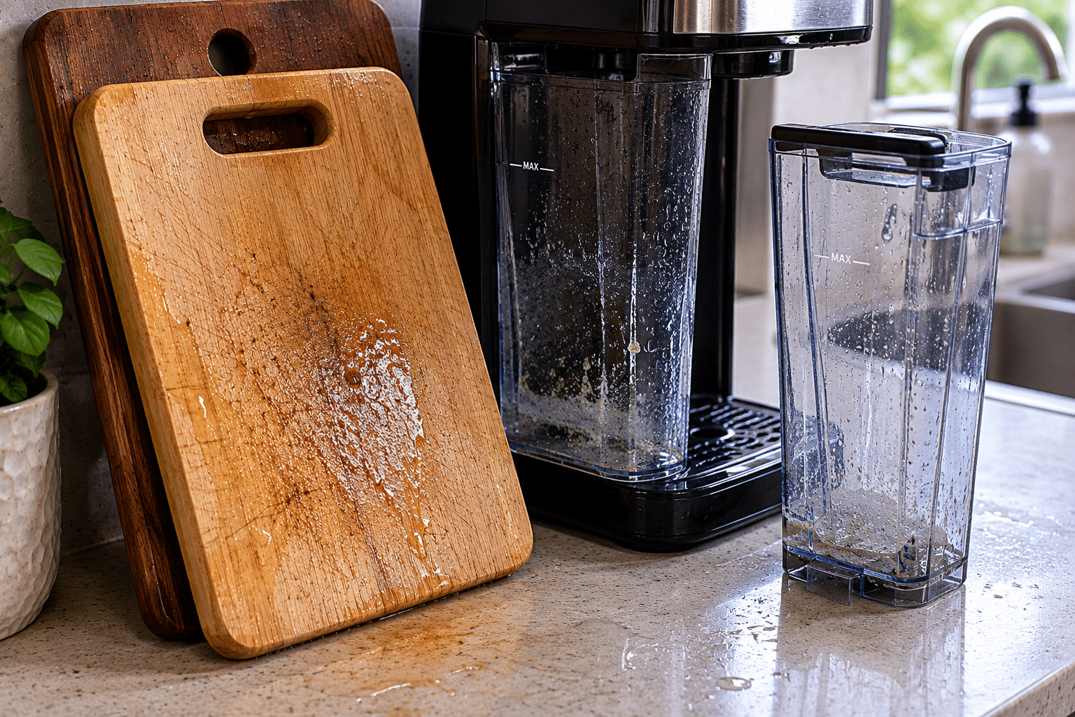 Kitchen cutting board and coffee maker