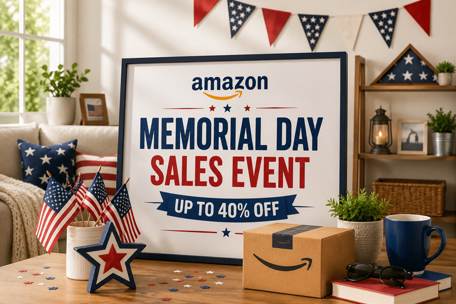Poster reads 'Amazon Memorial Day Sales Event' with 'Up to 40% Off' amid patriotic bunting, flags, and a delivery box on a table.