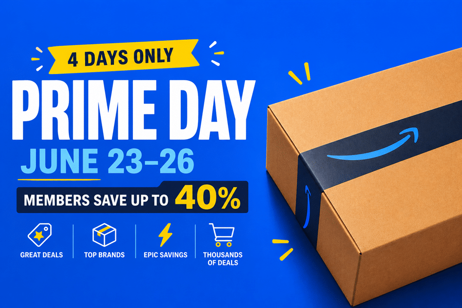 Prime Day promo banner: 4 DAYS ONLY, June 23–26, members save up to 40% with a boxed Amazon package on the right