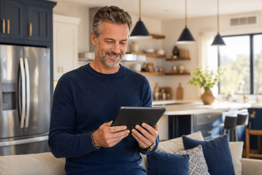 Smiling man in a navy sweater sits on a couch in a bright, modern kitchen, using a tablet.
