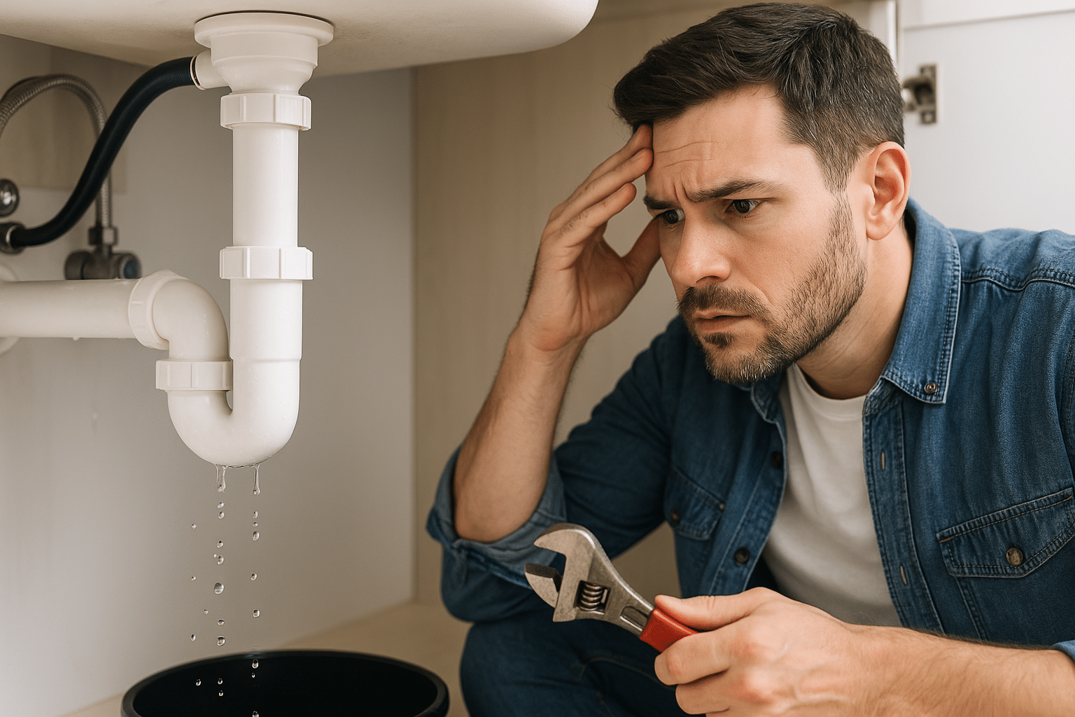 Man under a kitchen sink holds a wrench, examining a leaking PVC pipe and looking worried.