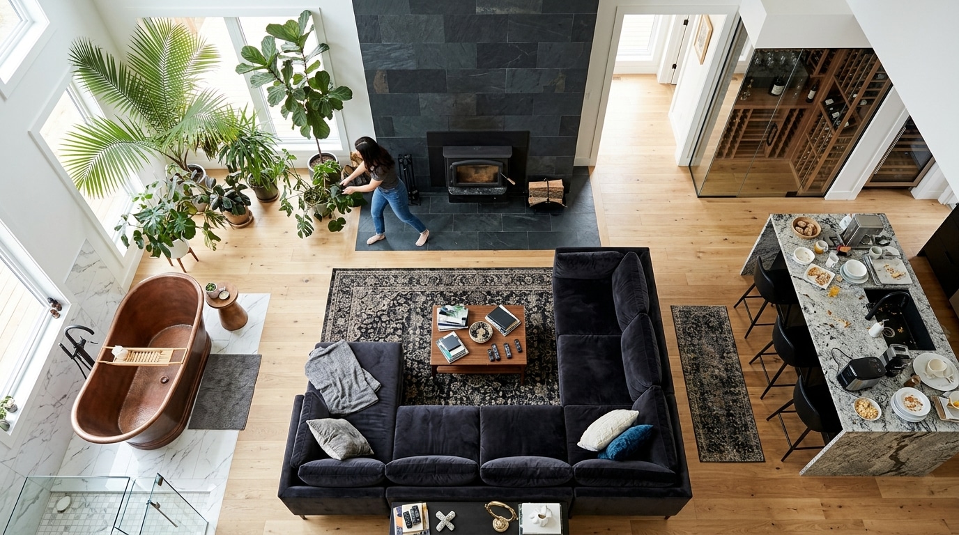Open-concept living room with dark sectional sofa, wooden coffee table, and a rug; fireplace on a dark stone wall, and a woman tending potted plants by large windows.